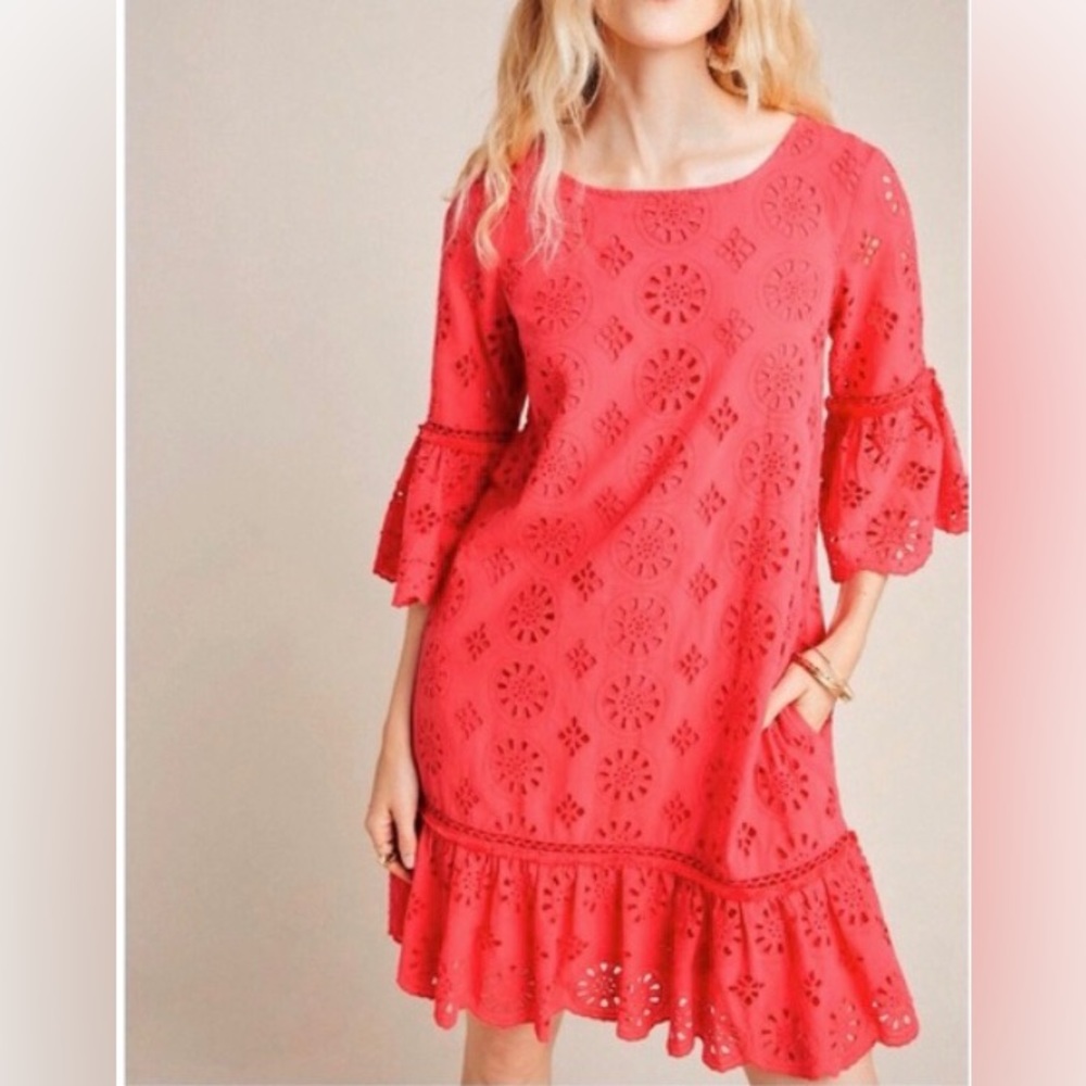 NWT Anthropologie Pink Eyelet Dress Size 8 with Pockets
